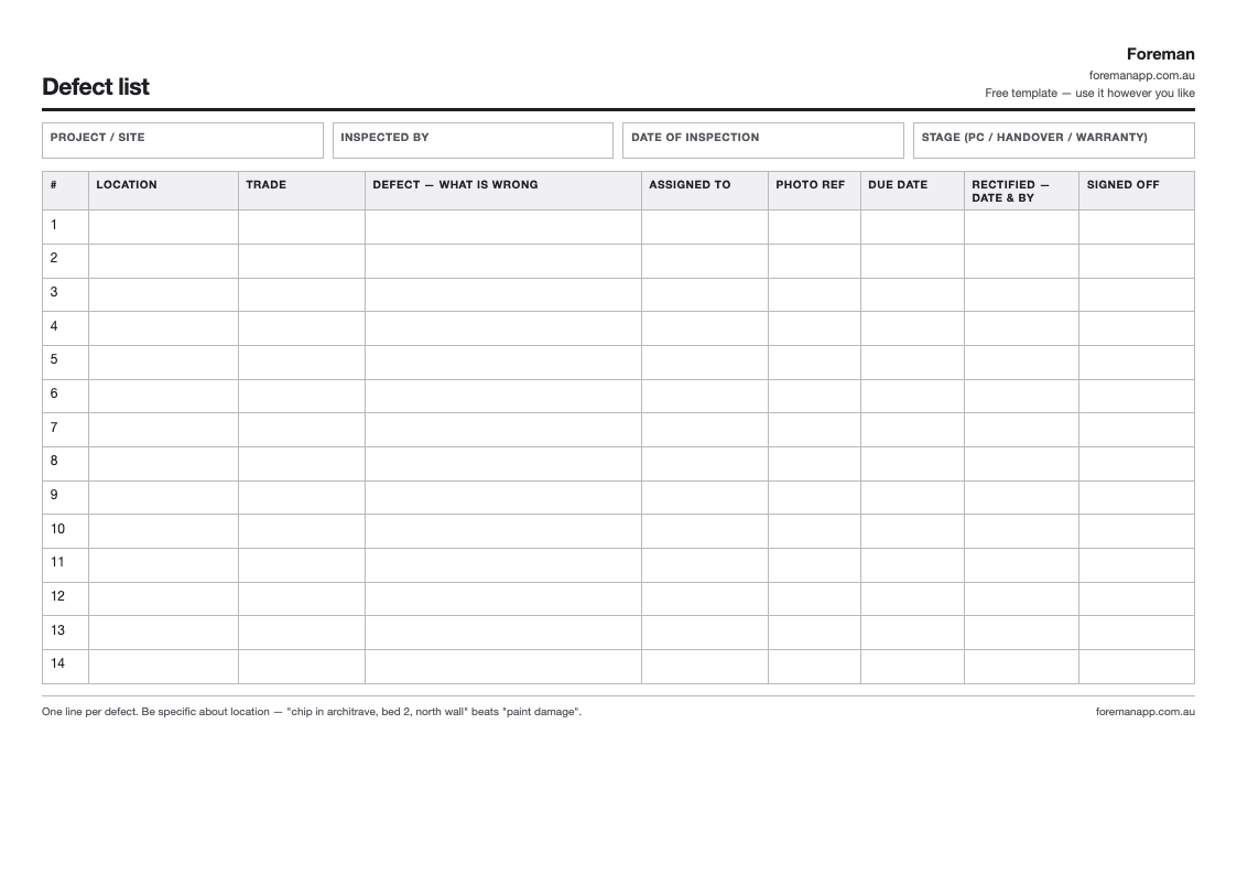 Landscape defect list template with columns for location, trade, defect, assigned to, due date and sign-off