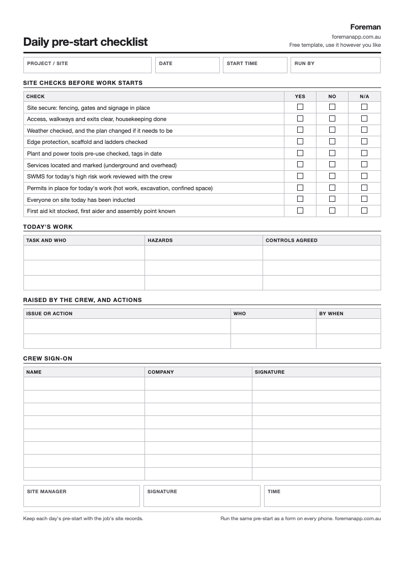 One-page daily pre-start checklist with yes, no and N/A site checks, today's tasks with hazards and controls, crew issues and a crew sign-on table
