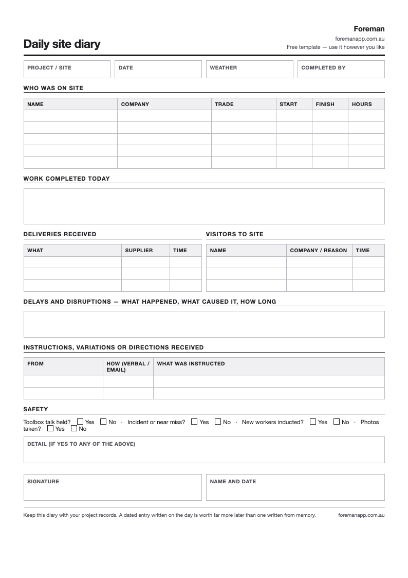 One-page daily site diary template showing sections for crew hours, work completed, deliveries, delays and instructions