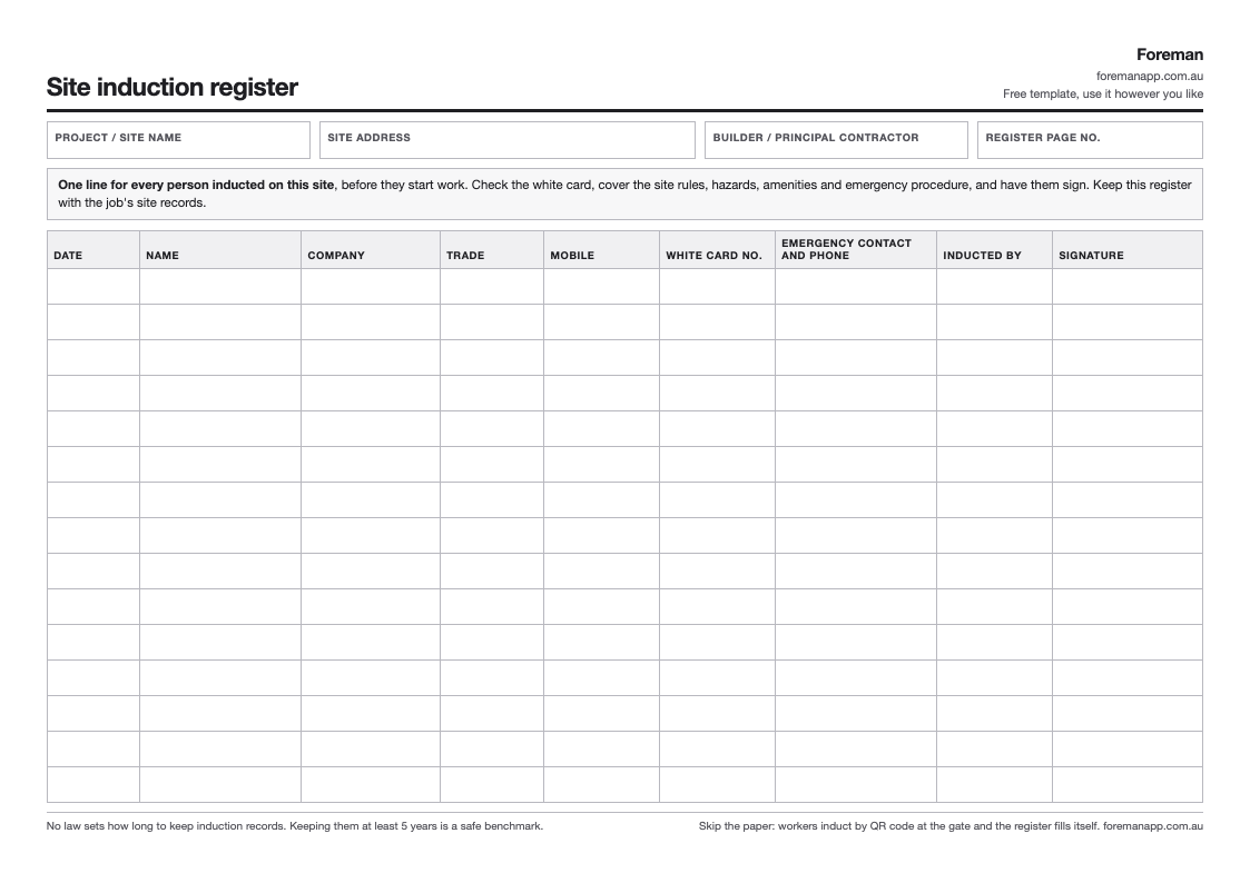 One-page landscape site induction register with columns for date, name, company, trade, mobile, white card number, emergency contact, inducted by and signature