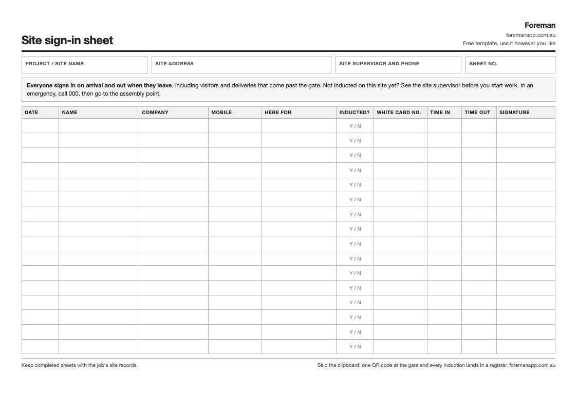 One-page landscape site sign-in sheet with columns for date, name, company, mobile, purpose, induction check, white card number, time in, time out and signature