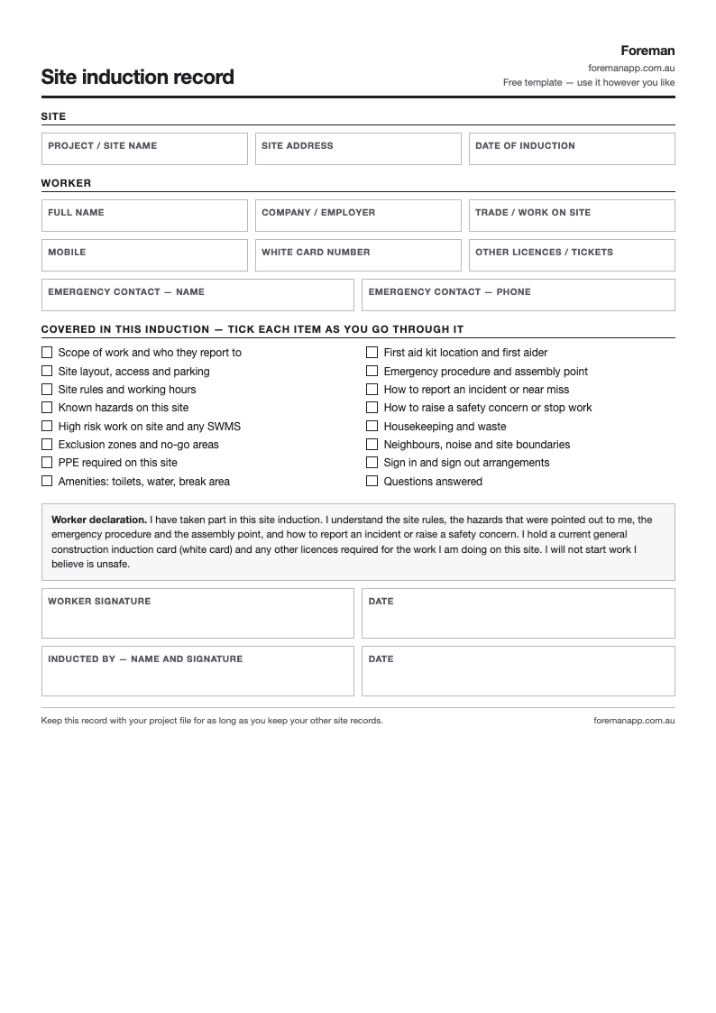 One-page site induction record showing worker details, white card number, emergency contact and a sixteen-item induction checklist